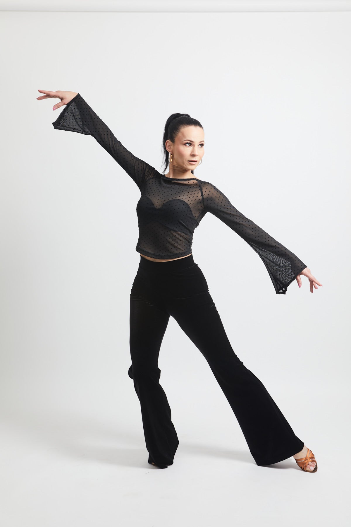 Mesh Polka Dot Flared Long Sleeve