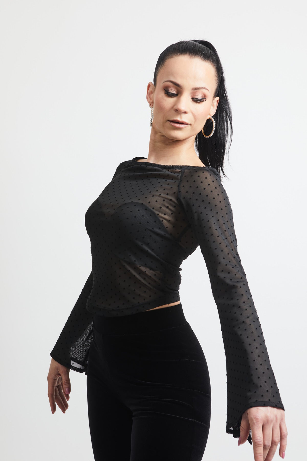 Mesh Polka Dot Flared Long Sleeve