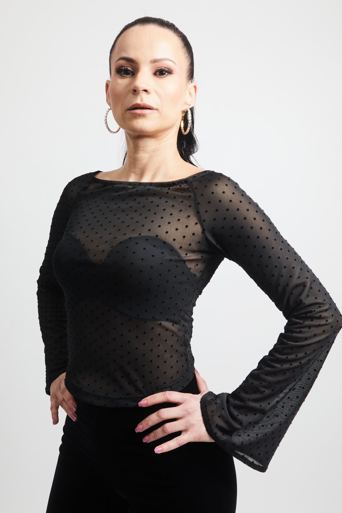 Mesh Polka Dot Flared Long Sleeve